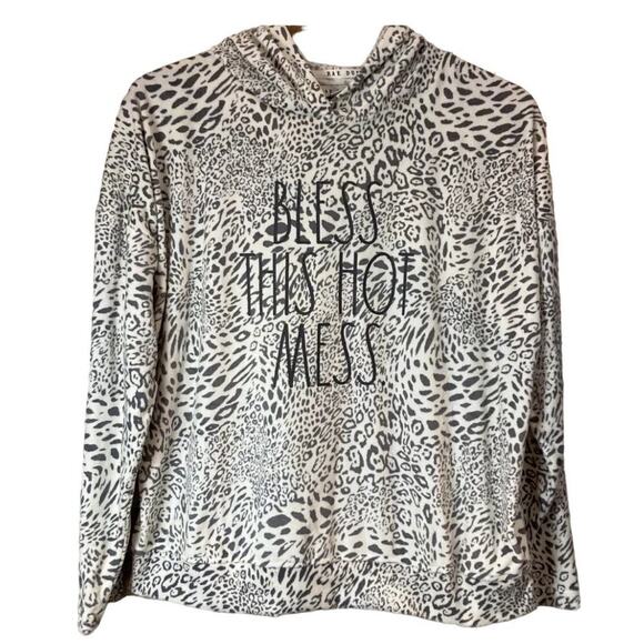 RAE DUNN "Bless This Hot Mess" Small Snow Leopard L/S  Sweatshirt Hoodie Sz M - Picture 1 of 5
